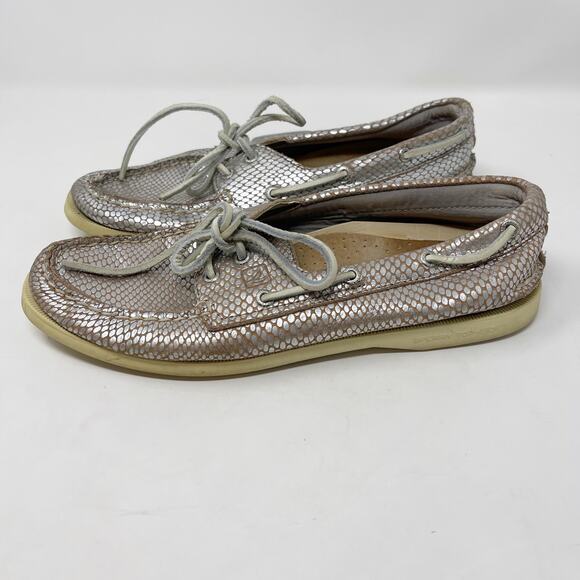 Sperry Top Sider Women 8.5 Silver Snakeprint Metallic Boat Shoe Sneakers Lace Up - Picture 4 of 11